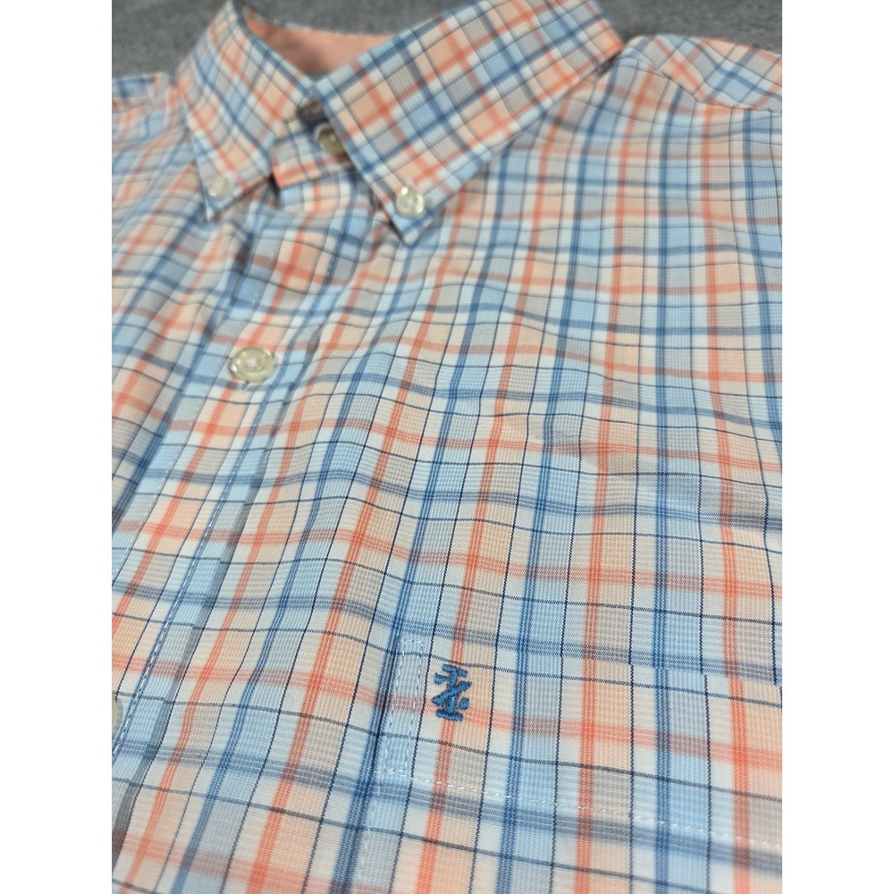 IZOD Button Down Shirt L Blue Peach Mens Plaid Premium Essentials Long Sleeve - Picture 3 of 10